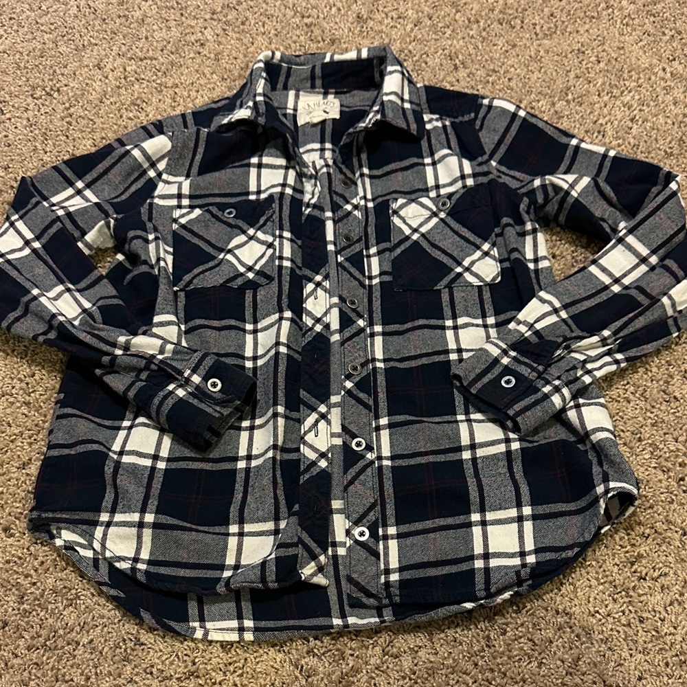 Navy and White Plaid Flannel Shirt